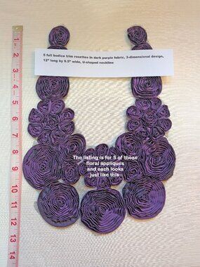Set of 5 royal purple 3-D floral appliques, 12" x 9.5", U-shape neck, DIY ready